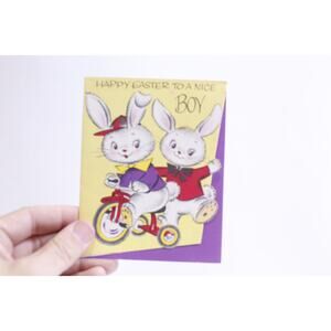 Cute Rabbits Riding on a Tricycle, To a Nice Boy, Easter Card, USED, Folding,